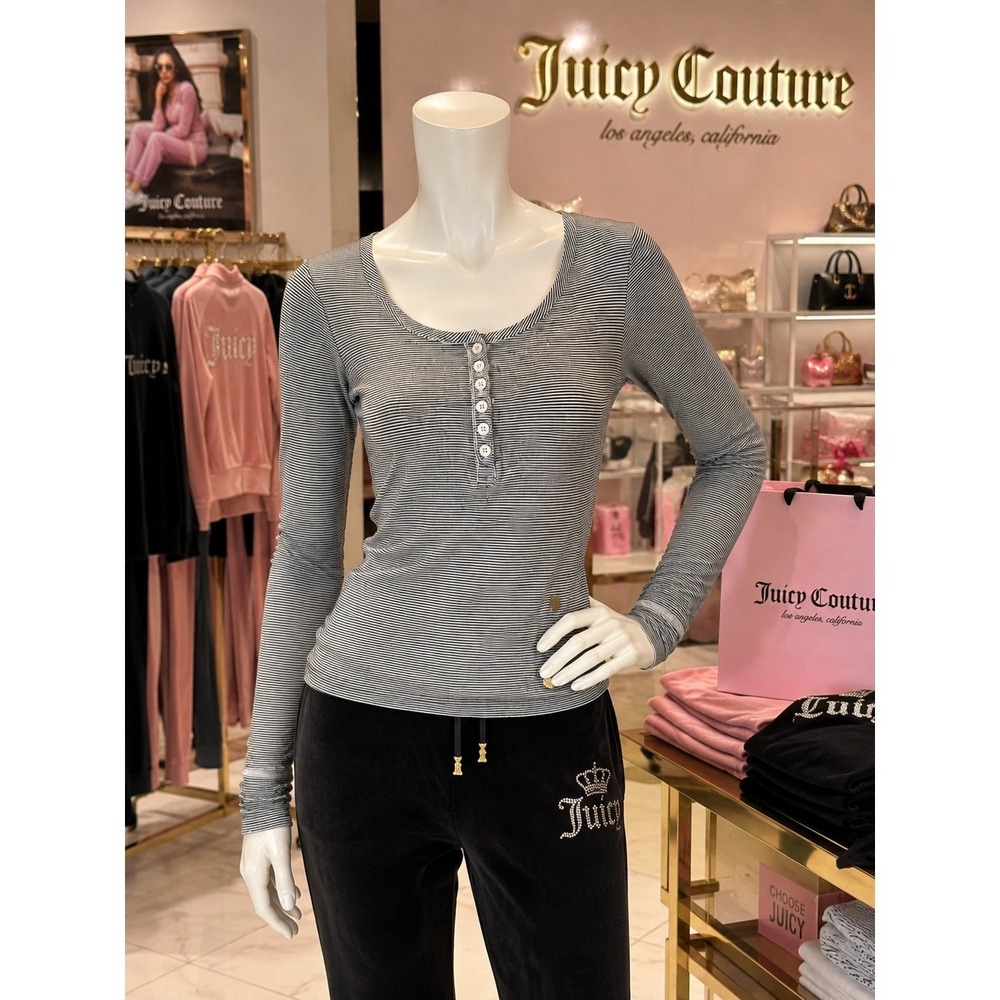 Vintage Juicy Couture Striped Henley Long Sleeve, Coquette Dainty Medium